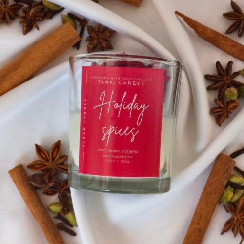 Velvet Rose Holiday Spice - front view - handpoured vegan soy candle by Janki Candles