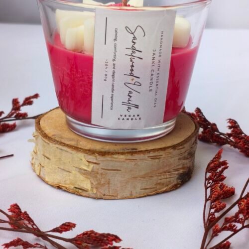 Jolly Jingle Sandalwood - front view - handpoured vegan soy candle by Janki Candles